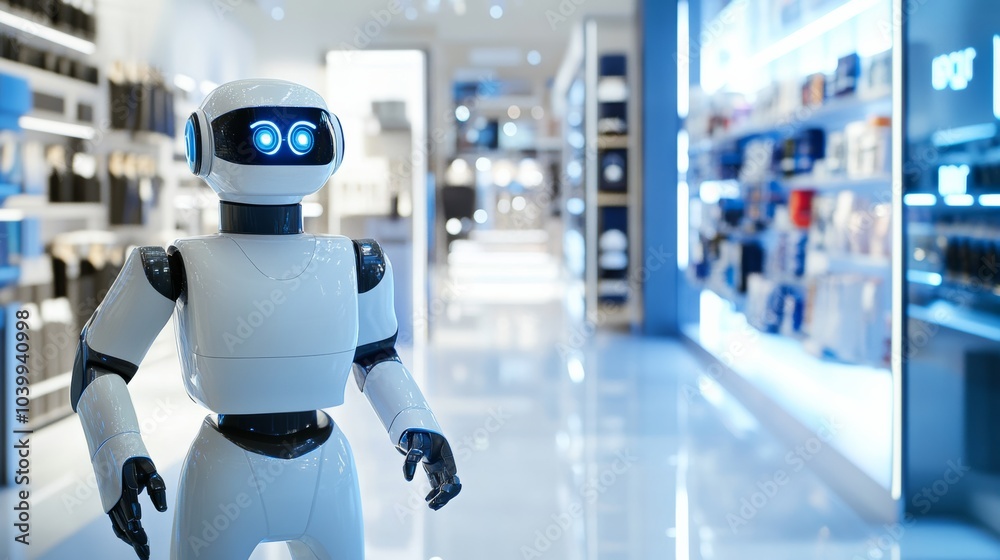 A high-tech robotic assistant providing customer service in a sleek retail store, clean and contemporary environment with a focus on service automation, Retail style A high-tech robotic assistant providing customer service in a sleek retail store, clean and contemporary environment with a focus on service automation, Retail style