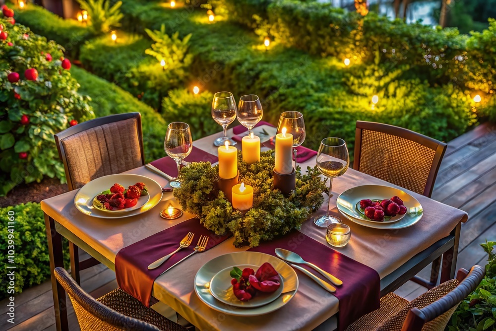 Obraz premium Elegant Candlelit Dinner with Wine - Drone Photography of a Romantic Table Setting