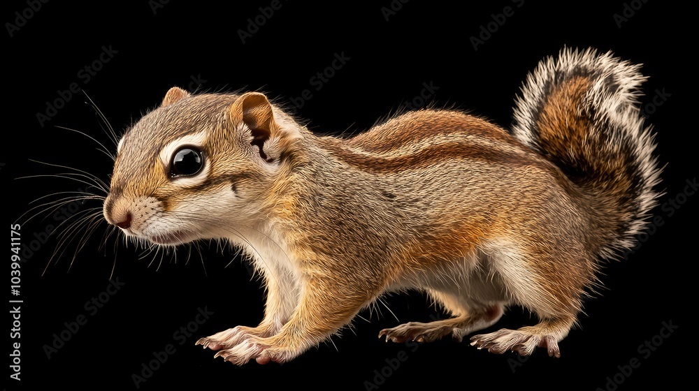 A small chipmunk with brown fur and a bushy tail, standing on a black background, looking to the left. A small chipmunk with brown fur and a bushy tail, standing on a black background, looking to the left.