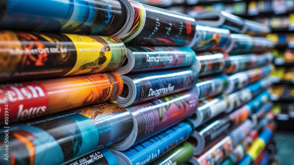 A vibrant image of colorful magazines stacked neatly on a shelf, featuring titles A vibrant image of colorful magazines stacked neatly on a shelf, featuring titles