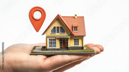 Hand holding miniature yellow house with red roof and large location pin, symbolizing real estate, property location, and home ownership concept.