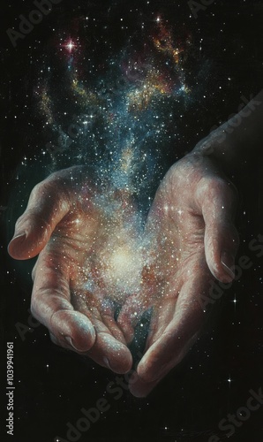 Two hands cupping a galaxy of stars.