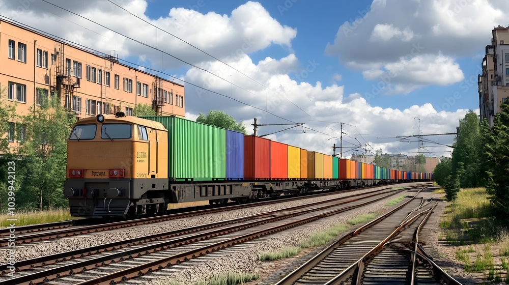 Fototapeta premium Cargo Train Transporting Colorful Shipping Containers Through Urban Industrial Landscape