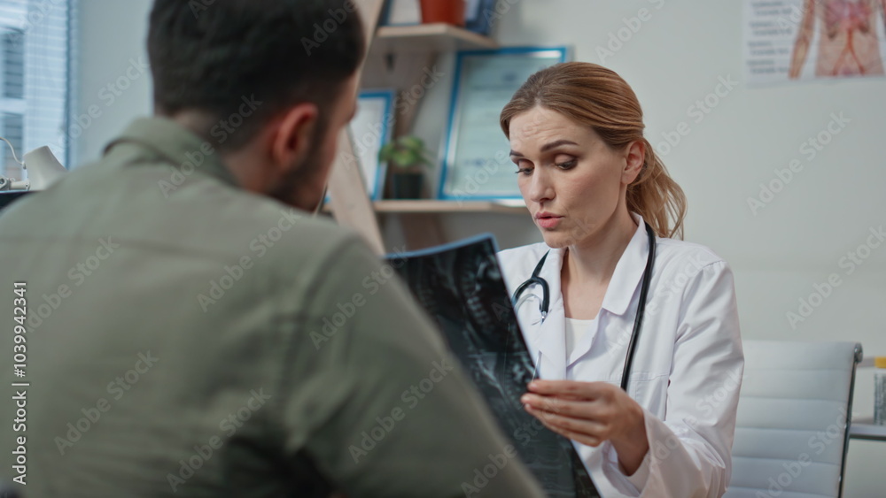 Fototapeta premium Therapist explaining bad results diagnosis closeup. Upset patient think issues