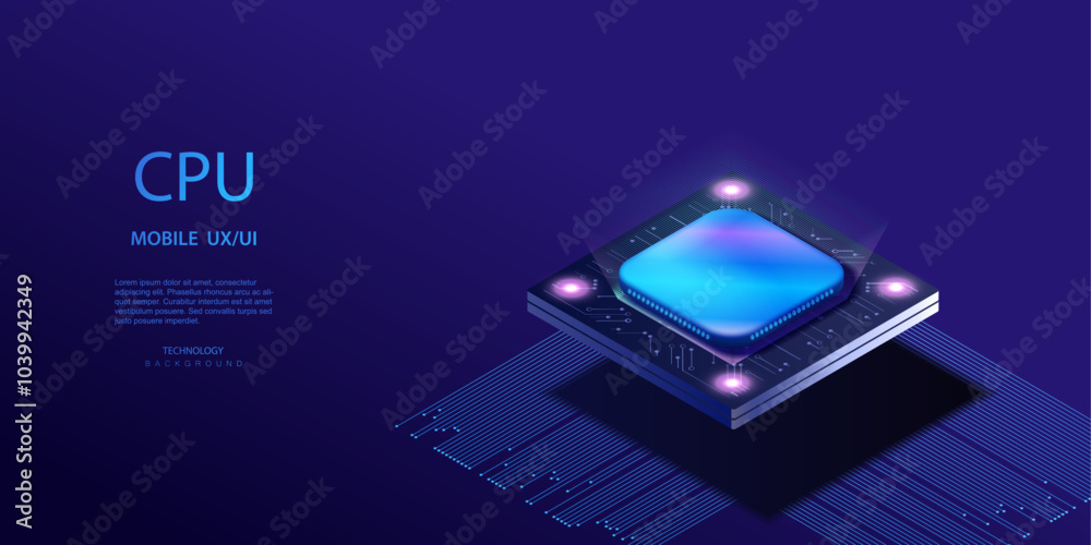 CPU isometric ai banner. Futuristic microchip processor background. Quantum computer database concept. Central Computer Server Processor CPU design. Digital chip vector. CPU isometric ai banner. Futuristic microchip processor background. Quantum computer database concept. Central Computer Server Processor CPU design. Digital chip vector.