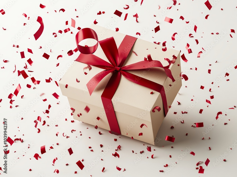 3D rendering of white present box or blank gift box with red ribbon bow and blank tag on white background with shadow 3D rendering of white present box or blank gift box with red ribbon bow and blank tag on white background with shadow