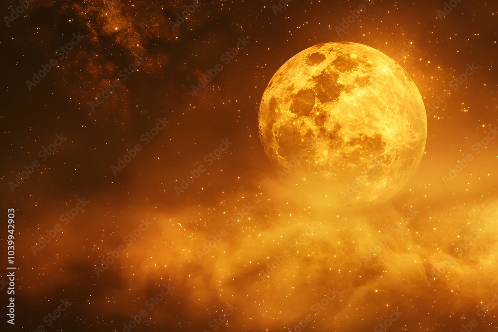 A Glowing Golden Moon Illuminates a Cosmic Landscape A Glowing Golden Moon Illuminates a Cosmic Landscape