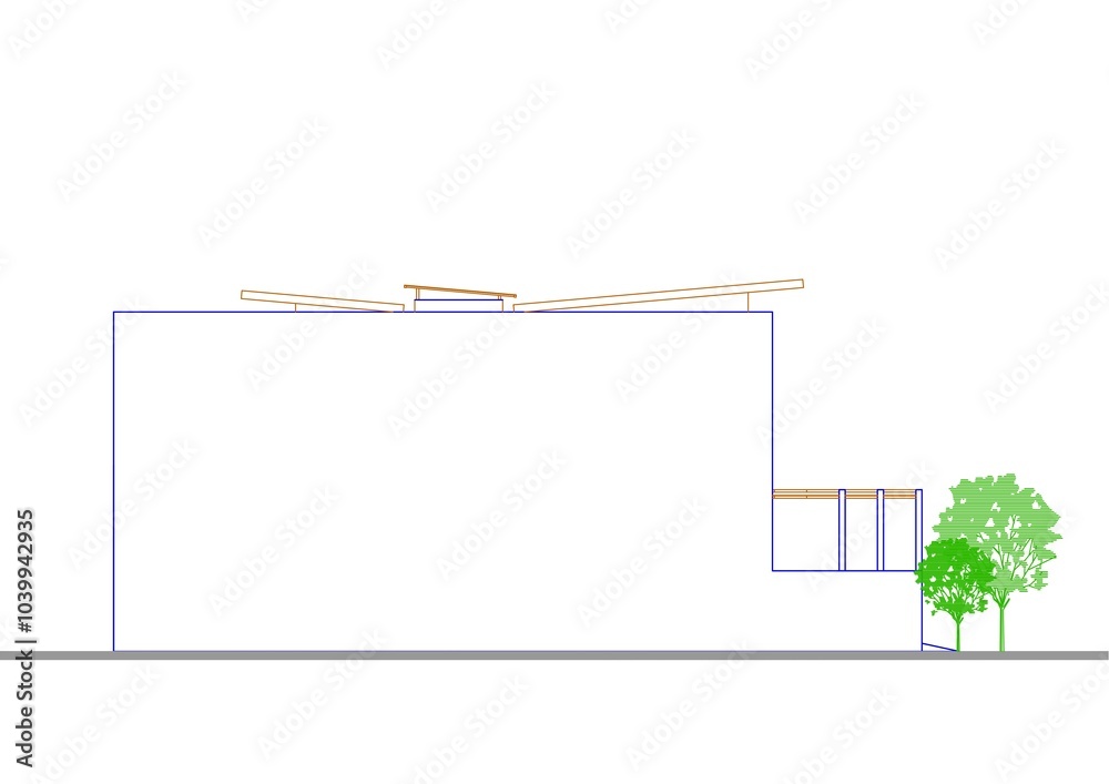 2D Side View of a Two-Story House with Trees in Front: A Modern Minimalist Design Featuring Clean Lines and Simplistic Architecture, Highlighting the Harmony Between the Structure and Its Surroundings 2D Side View of a Two-Story House with Trees in Front: A Modern Minimalist Design Featuring Clean Lines and Simplistic Architecture, Highlighting the Harmony Between the Structure and Its Surroundings