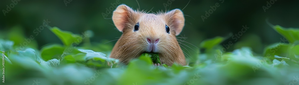 A curious hamster peeking through lush green leaves, showcasing its adorable features and playful nature. A curious hamster peeking through lush green leaves, showcasing its adorable features and playful nature.