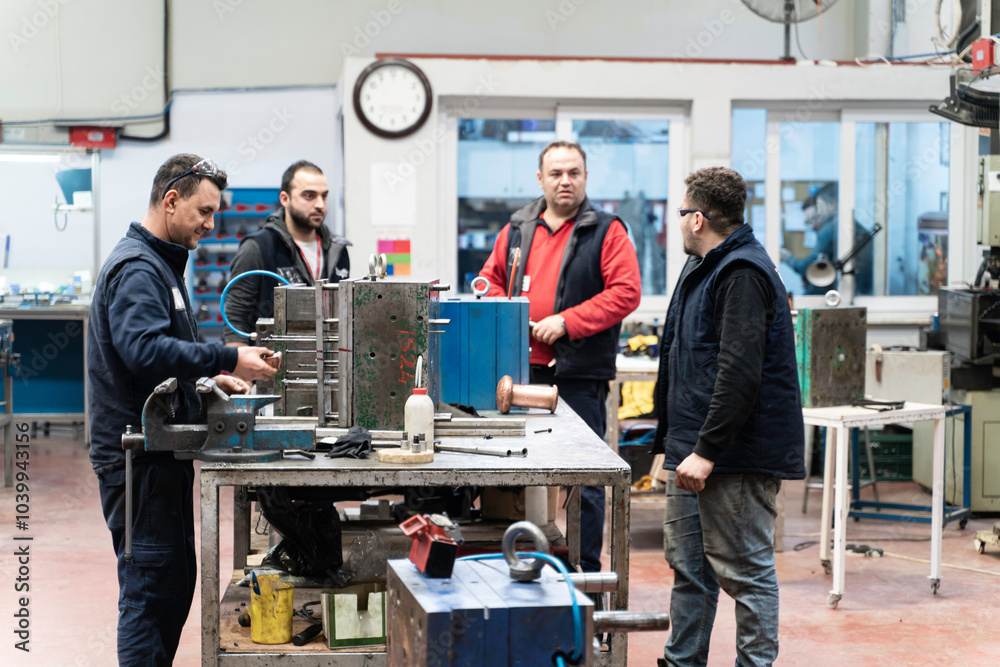 Males Industrial Engineers in Discuss New Project or planning investment project working and strategy. business making conversation at Industrial injection molding factory concept. Males Industrial Engineers in Discuss New Project or planning investment project working and strategy. business making conversation at Industrial injection molding factory concept.
