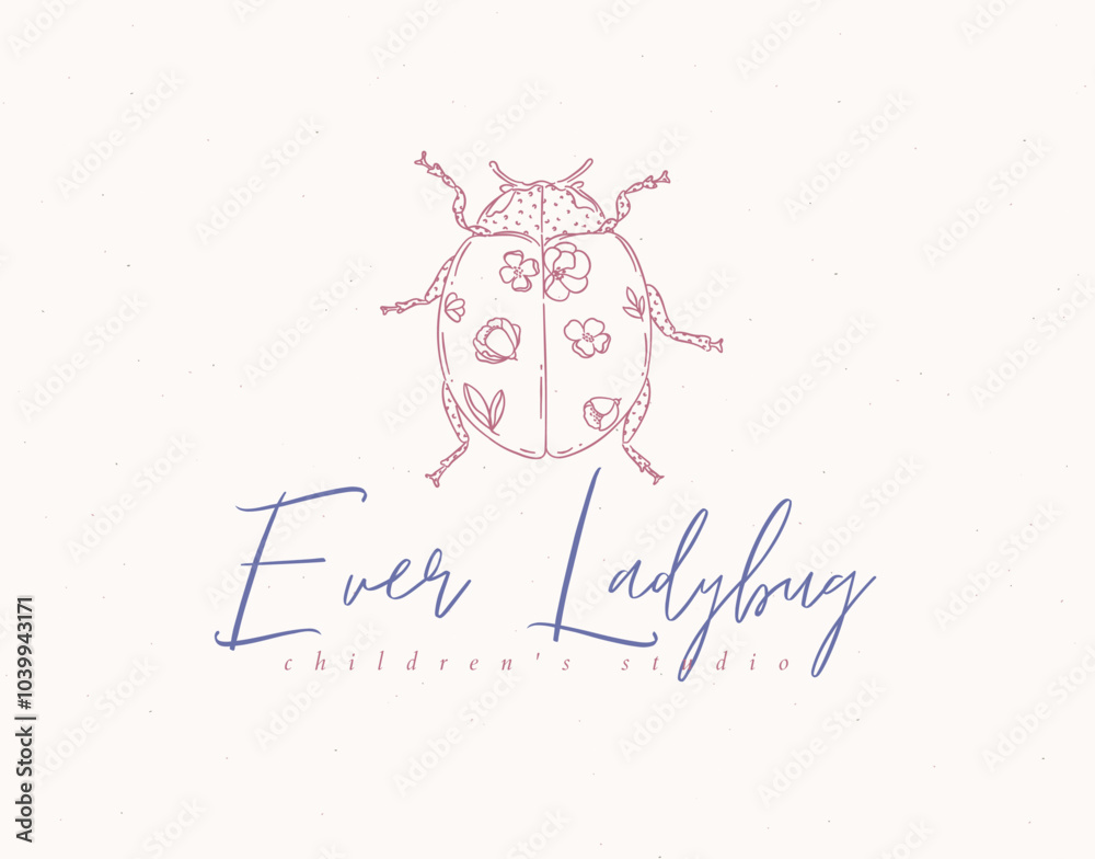 Ladybug label design lettering children studio drawing in floral style on beige background