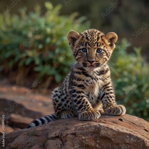 A cute leopard cub with blue eyes sits on a rock in a natural setting.