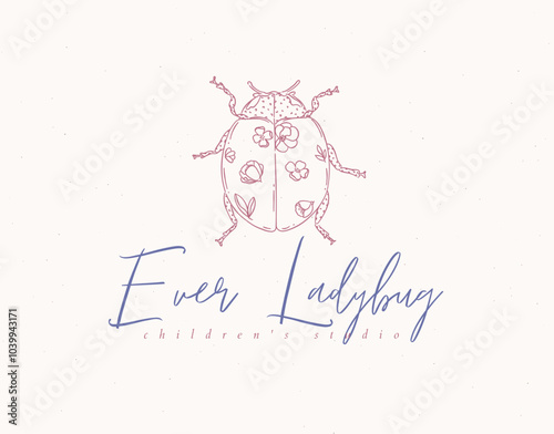 Obraz na płótnie Ladybug label design lettering children studio drawing in floral style on beige background w salonie