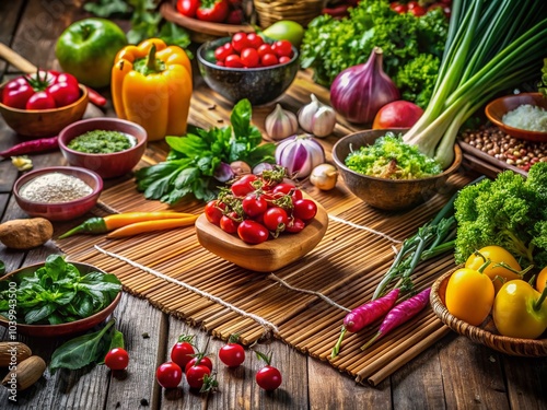 Elegant Food Photography on Bamboo Mat with Fresh Ingredients and Vibrant Colors for Culinary Inspiration