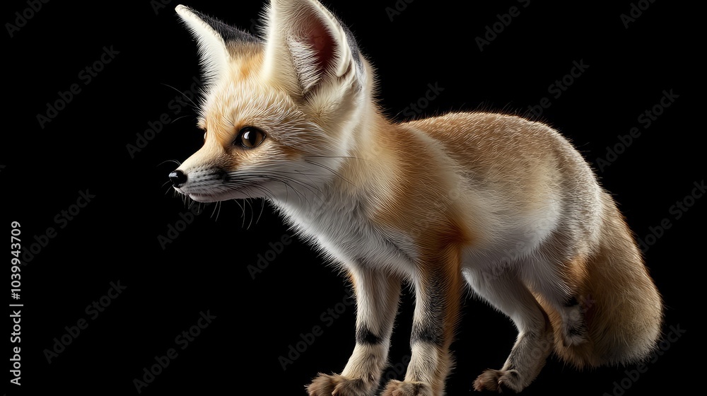 A small, reddish-brown fox with large ears stands on a black background, looking to the right.