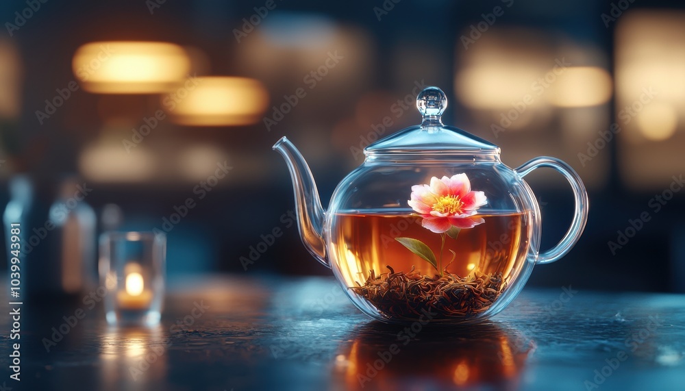 A glass teapot with floral tea on a wooden table, creating a serene atmosphere. A glass teapot with floral tea on a wooden table, creating a serene atmosphere.