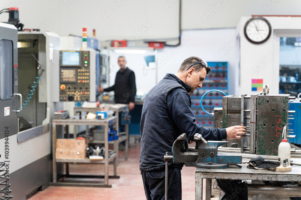 Lathe worker man working with a vernier and milling machine in a factory, using a caliper to check measurement. Lathe worker man working with a vernier and milling machine in a factory, using a caliper to check measurement.