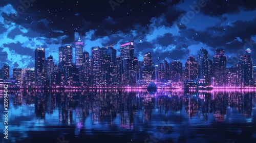 Night City Skyline with Reflection and Stars