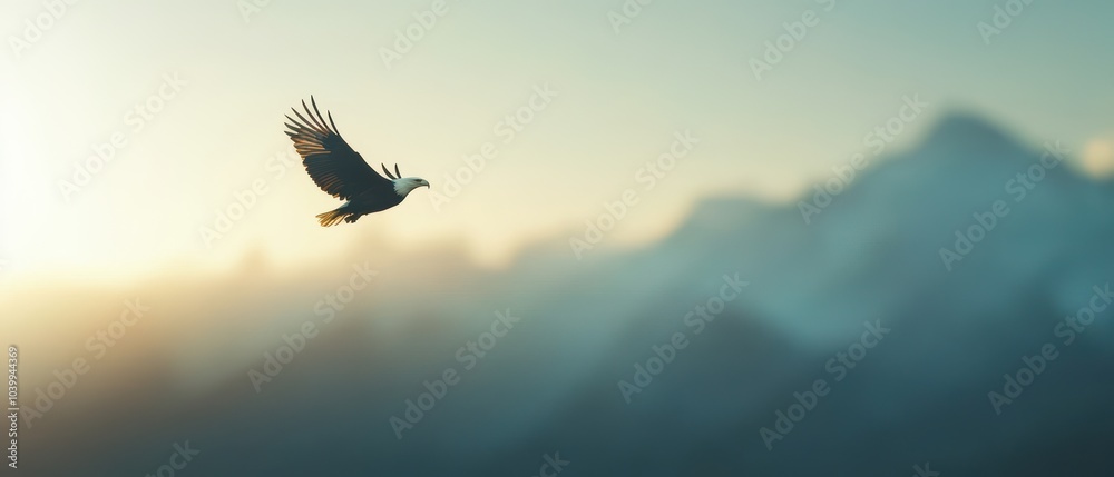 Fototapeta premium A majestic bird soaring gracefully against a backdrop of serene mountains during sunrise.