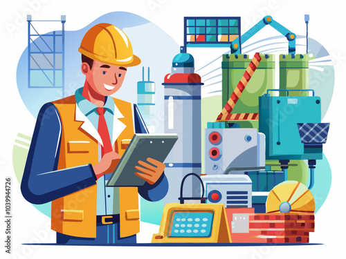 Worker in safety gear managing industrial equipment at a modern manufacturing facility during the day