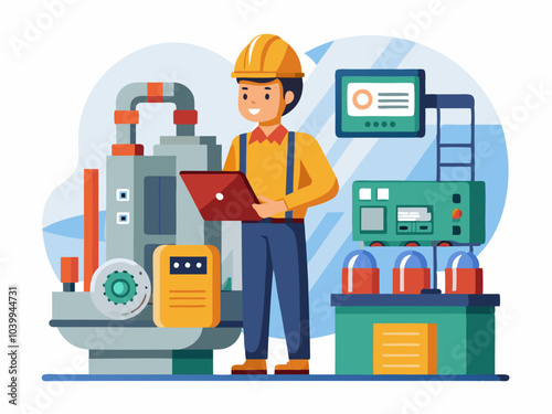 A technician performs maintenance on industrial machinery in a modern factory setting during daylight