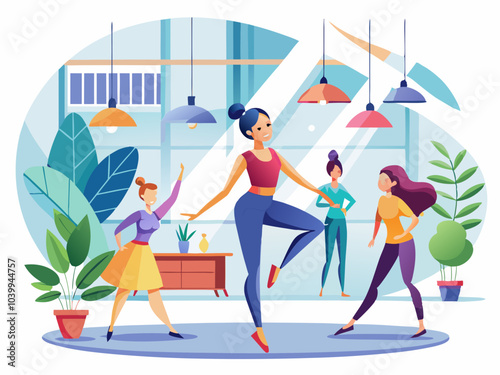 Women engaging in a lively dance class in a bright studio surrounded by vibrant plants and colorful lighting fixtures