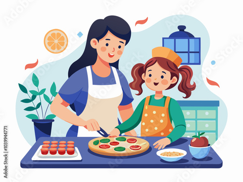 Mom and daughter baking pizza together in a bright kitchen filled with colorful ingredients