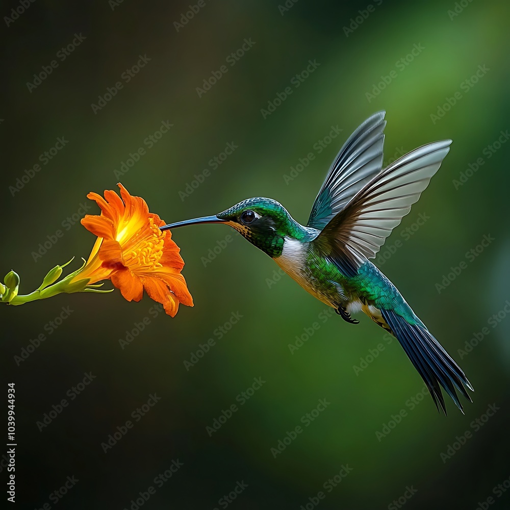 Fototapeta premium Fiery-throated hummingbird soaring towards vivid orange Crocosmia floral display.