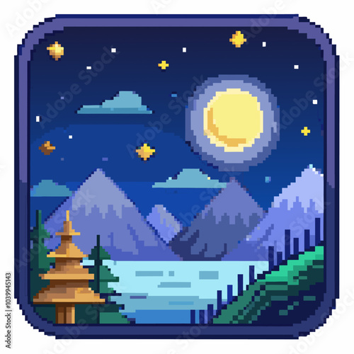 Pixel Art Night Landscape with Full Moon and Mountains