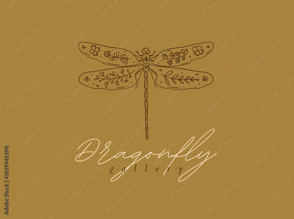 Butterfly label design lettering wild beetle cosmetics drawing in floral style on mustard background