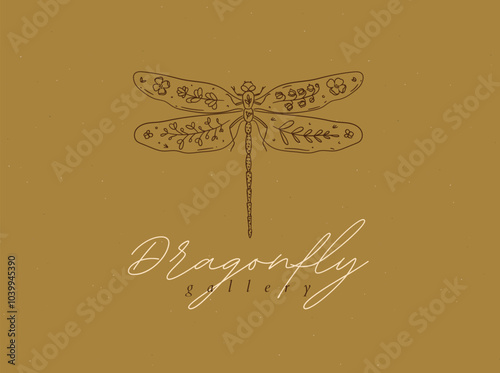 Obraz na płótnie Butterfly label design lettering wild beetle cosmetics drawing in floral style on mustard background w salonie