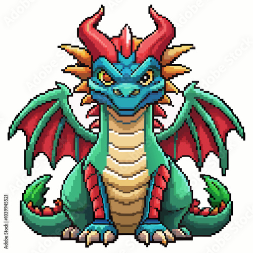 Colorful Pixel Art Dragon Illustration with Blue and Red Wings, Retro Gaming Sprite
