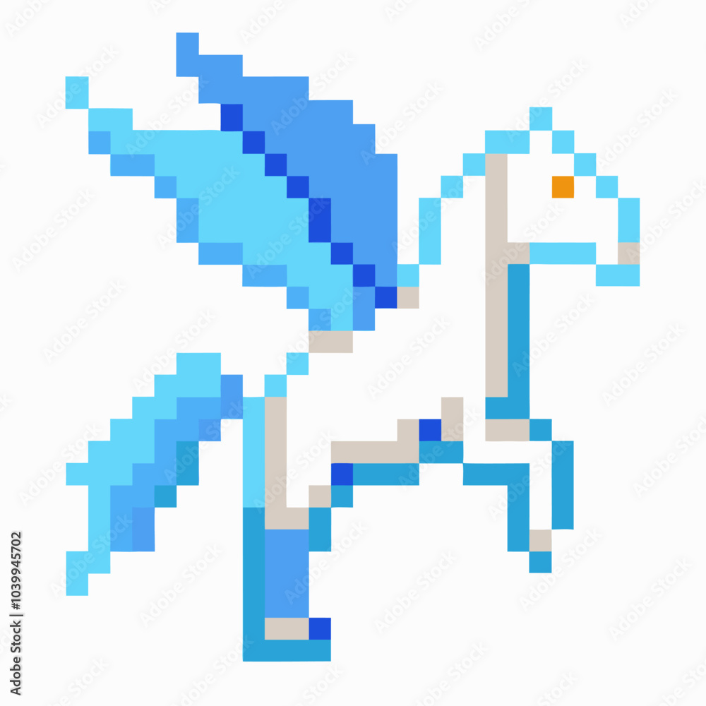 Obraz premium Colorful Pixel Art Pegasus with Blue Wings in Retro Video Game Style