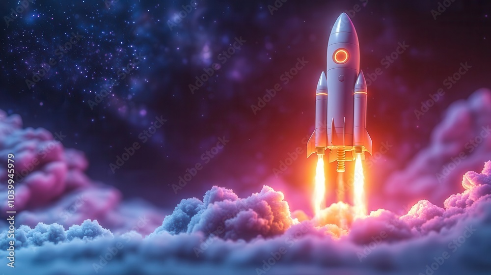 Obraz premium illustration of a laptop launching a rocket against a vivid purple background symbolizing innovation and the limitless potential of technology in a playful creative design