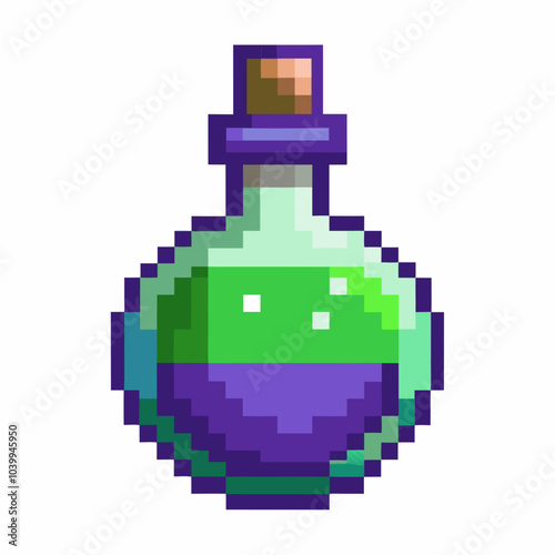 Pixel Art Potion Bottle   Green and Purple Elixir in Glass Flask with Cork Stopper