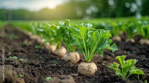 A close-up of a sugar beet root in a field in the lovely morning sunlight with enough of room for using as a textural backdrop, Generative AI.