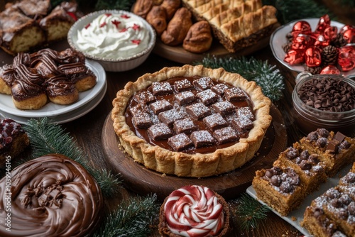 holiday baking ideas, classic christmas sweets like pumpkin pie, cinnamon rolls, and chocolate peppermint brownies photo