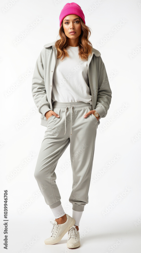 Trendy Fashion Model Posing in Modern Athleisure Wear for Active Lifestyle on White Background Trendy Fashion Model Posing in Modern Athleisure Wear for Active Lifestyle on White Background