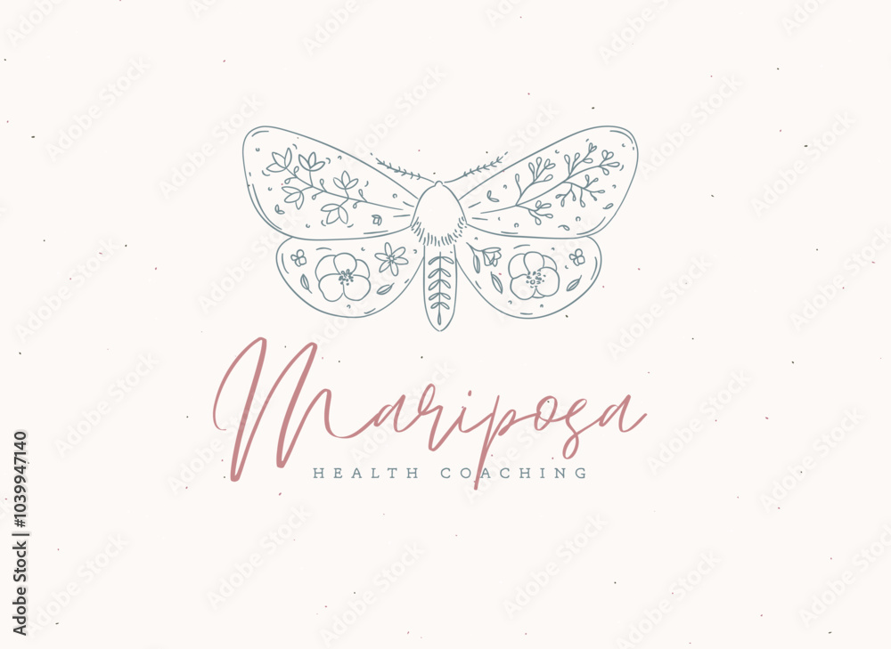 Moth label design lettering mariposa health coaching drawing in floral style on beige background