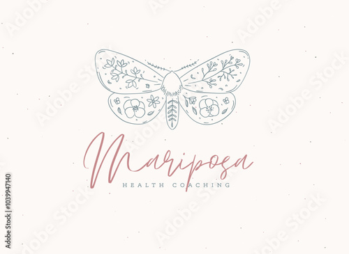 Obraz na płótnie Moth label design lettering mariposa health coaching drawing in floral style on beige background w salonie