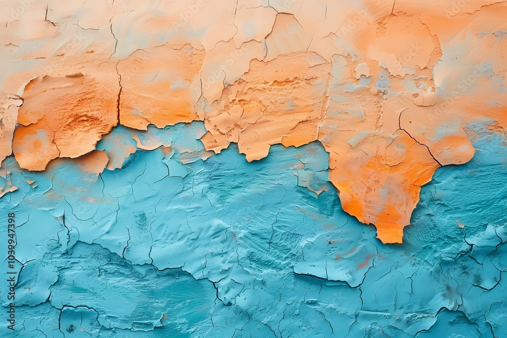 Vibrant Textured Wall with Cracked Orange and Blue Paint Vibrant Textured Wall with Cracked Orange and Blue Paint