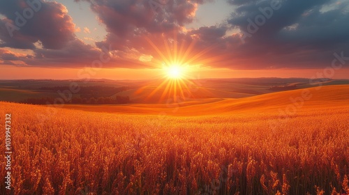 A vibrant sunset over golden fields, showcasing nature's beauty.