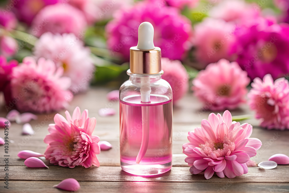 A dropper bottle with pink liquid surrounded by matching pink flowers A dropper bottle with pink liquid surrounded by matching pink flowers