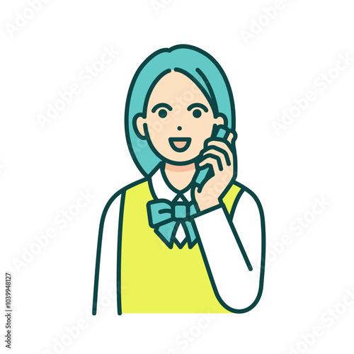 制服姿の女子高生がスマートフォンを手に持つ。かわいい女の子のベクターイラスト素材。