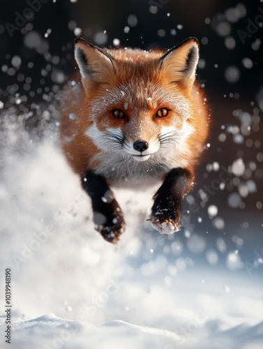 A vibrant red fox leaping through snow, showcasing its agility and beauty in a winter wonderland.