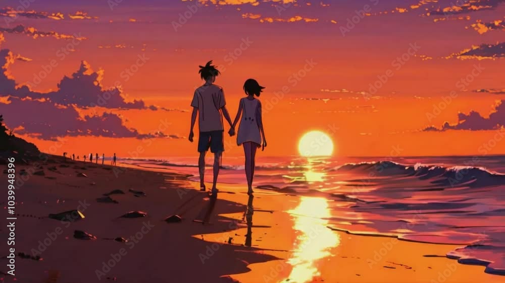 Lofi Cute cozy couple walks barefoot shore sun sets, soft orange pink hues calm ocean waves, music Anime style. illustration lofi chill hip hop Relaxing music. Seamless Loop 4k Animation video