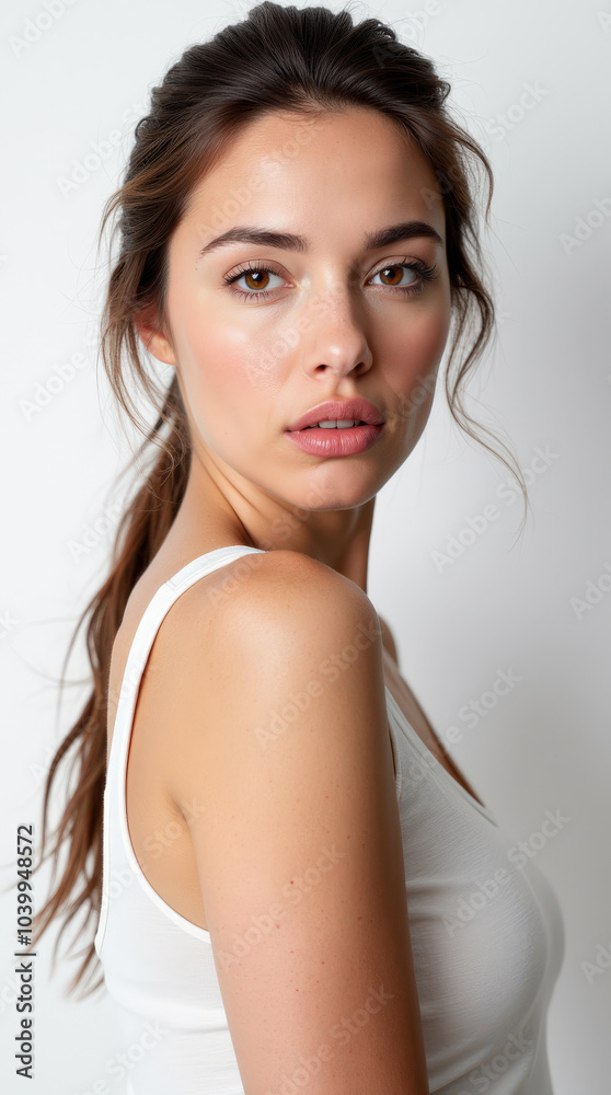 Stunning Beauty Model Portrait Showcasing Flawless Skin and Natural Makeup on White Background Stunning Beauty Model Portrait Showcasing Flawless Skin and Natural Makeup on White Background