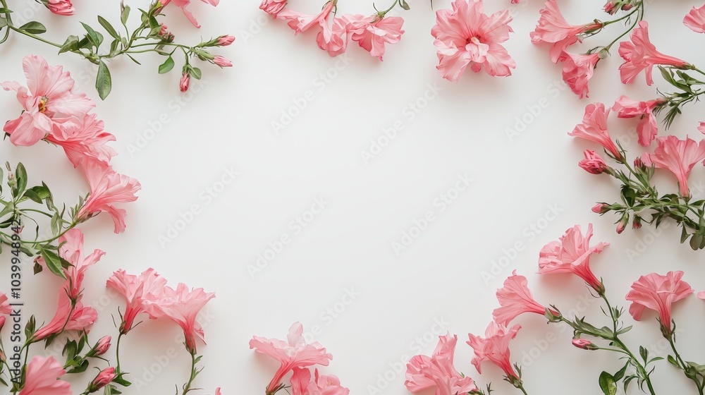 Pink flowers frame white background Pink flowers frame white background