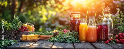 Fresh juices and fruits on a wooden table, illuminated by a warm sunlight.