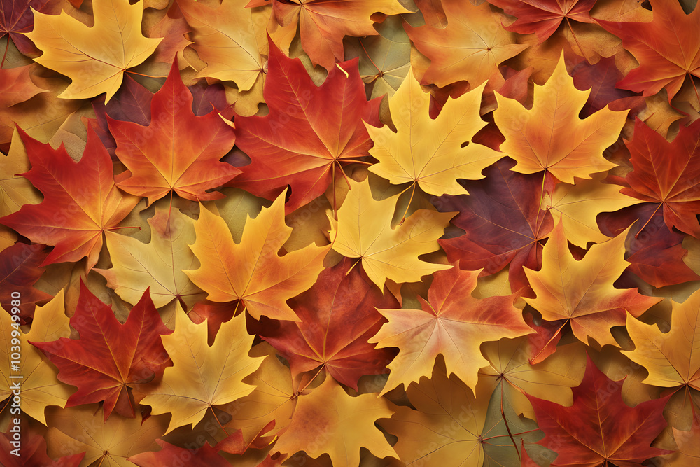 Top view of orange brown yellow and red maple tree leaves in Autumn seasonal scene background Top view of orange brown yellow and red maple tree leaves in Autumn seasonal scene background